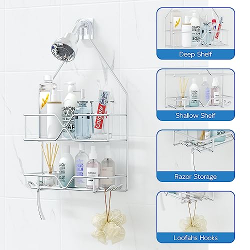 TreeLen rustproof stainless steel hanging shower caddy with two shelves and four hooks, featuring non-slip silver finish.