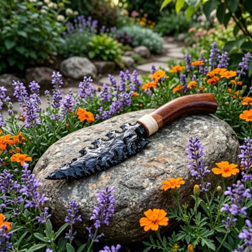10" Handcrafted Black Obsidian Knife – Hand-Knapped Stone Blade with Carved Wooden Handle – Decorative Athame for Rituals, Altar Decor & Metaphysical Healing