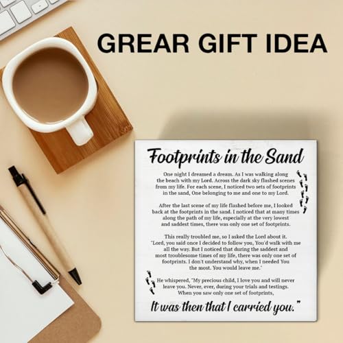 Footprints in the Sand Wood Block Sign Christian Religious Decorative Desk Sign Office Home Shelf Tabletop Decor 5 X 5 Inches