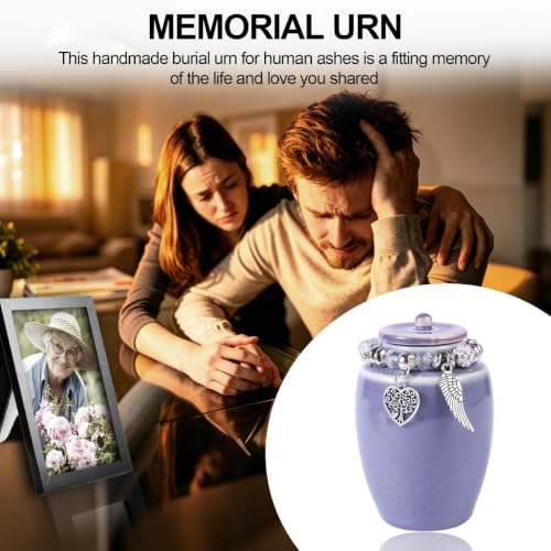Ceramic Small Cremation Urn for Ashes, Mini Keepsake Urn with Photo Frame & Premium Gift Box, 2.3" x 3.6" (120ml Capacity), Memorial Holder for Home or Columbarium (Purple) Purple