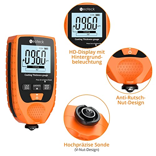 Neoteck Paint Thickness Gauge Car Paint Thickness Gauge with LCD Display for Steel and Aluminum Base Metal 0-1500μm Orange