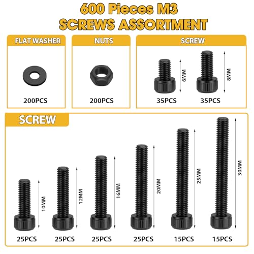 Spiglamm 600-piece black M3 alloy steel hex socket screw assortment kit with nuts, bolts, and washers