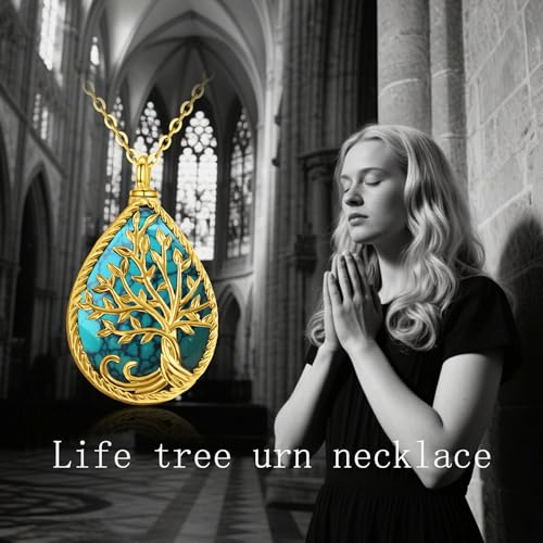 Tree of Life Urn Necklace Teardrop Memorial Keepsake Pendant Antique Turquoise Gold