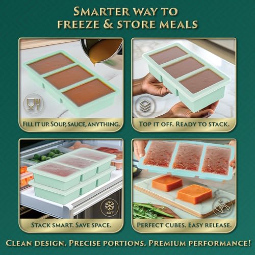 Silicone Soup Freezer Molds – 3 Stackable Trays with Lids, Makes 9 Super Soup Cubes (1-Cup/250ml Each), Dishwasher Friendly Containers, Perfect for Broth, Butter, Meal Prep, Sauces, and Leftovers