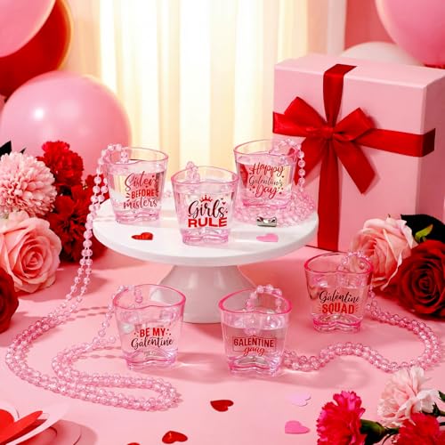 FoldTier 24 Set Galentine's Day Shot Glass on Beaded Necklace Pink Heart Shaped Shot Glasses Cute Plastic Galentines Gang Cups Necklaces Set for Bachelorette Valentines Wedding Party Favors