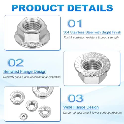 Kozelo M10-1.5 serrated flange hex nuts, 304 stainless steel, bright silver finish, 50-piece set