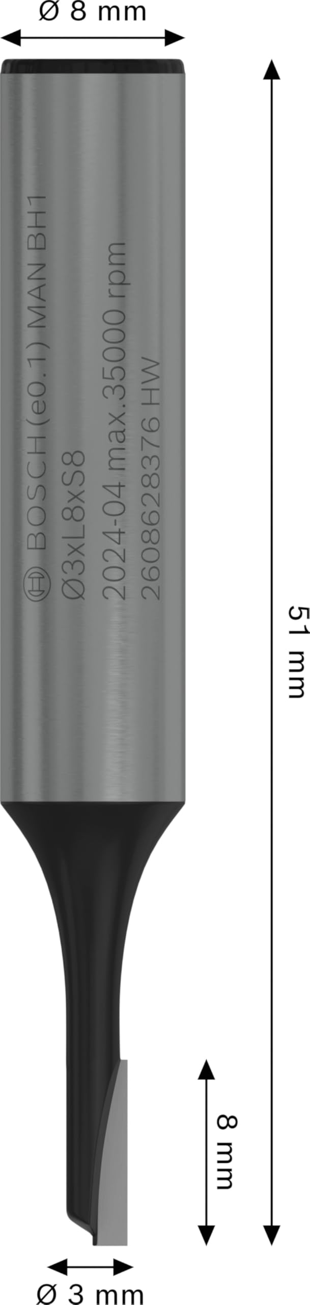[Australia - AusPower] - Bosch 2608628376 One Flute 8 mm, R1 3 mm, L 8 mm, G 51 mm Ø 3 mm l 8mm 
