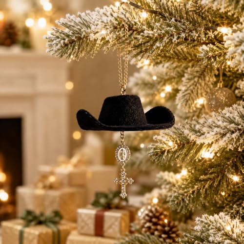 Baptism Car Charm Cowboy Hat Rear View Mirror, Virgin Mary Cross for Car Virgin Mary B