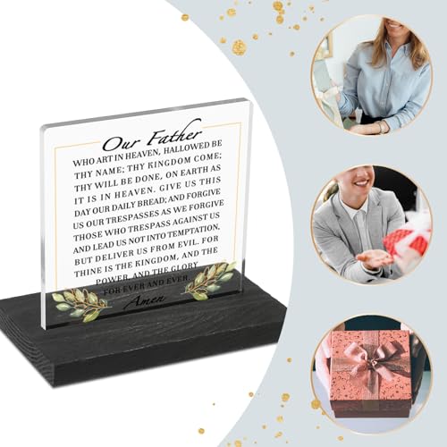 Akeke Our Father Christian Lord's Prayer Bible Verse Decor Desk Sign Plaque, 12 x 10 cm / 4 x 4.8 inches, Acrylic & Pine, Tabletop, Modern Farmhouse Style