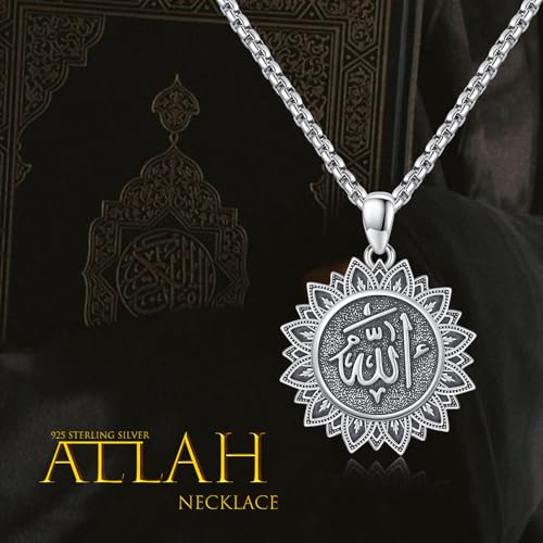 Allah Necklace 925 Sterling Silver Muslim Islam Pendant Arabic Lotus Necklace Muslim Islamic Religious Jewellery Gifts for Men Women