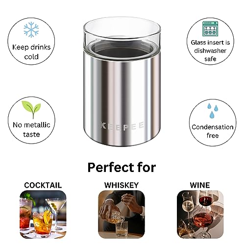 Whiskey Glasses Set of 2, Insulated Tumbler with Removable Glass Insert, Insulated Cocktail Glass, Old Fashioned Lowball for Margaritas, Bourbon, Whiskey, 10oz, Stainless Steel