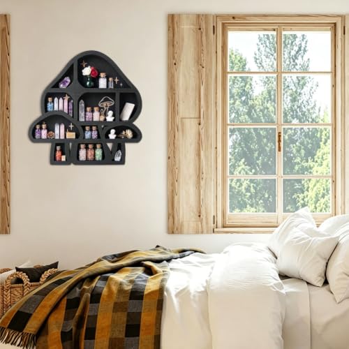 Crystal Display Wall Mount 11.8 x 11.8 Inch Rustic Floating Wall Decor, Wooden Mushroom Shelves Oils Trinkets Gemstone Storage Organizer for Meditation Art Spiritual Gift Boho Room Decor