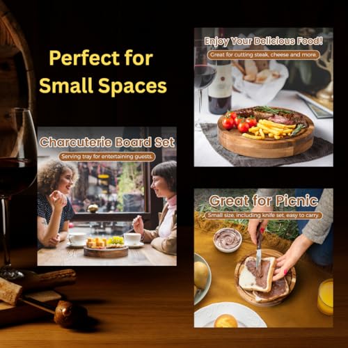 8" Round Wood Cheese Board Set with 4 Stainless Steel Knives & Hidden Drawer - Small Charcuterie Board with Juice Groove for Entertaining, Gifts, Picnics & Travel