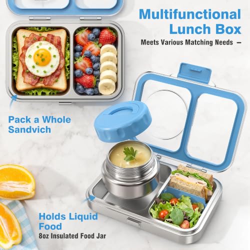 Kids Stainless Steel Bento Lunch Box with Insulated Soup Thermo, Leak-Proof BPA BPS Free Metal Lunch Container, Tritan Lid, Dishwasher Safe for School Boys Girls Adults Outdoor - Blue