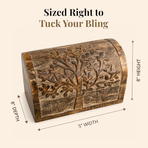 Premium Handmade Wooden Treasure Chest Decorative Trunk for Keepsakes Semicircular Curved Floral Jewellery Box Trinket Box Ladies Jewellery Storage Case Handcrafted Home Decor (Plain Tree) Plain tree