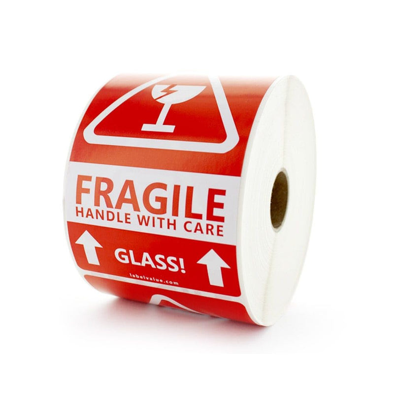 Fragile Glass Handle with Care Shipping Labels – 3" x 5", Red, Semi-Gloss, Permanent Adhesive, Warning Labels – Glass Packaging, Handling & Shipping Use – 500 Labels per Roll | LabelValue