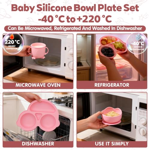 Silicone Baby Feeding Set,Miicasa Baby Led Weaning Supplies Kit With Suction Bowl & Car Plate, Bib, Spoon, Fork, Cup - Food-Grade Silicone, Dishwasher-Safe, No BPAs - For 3+ Months pinkbowlsets