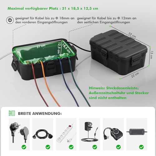 RESTMO Large Cable Box, Waterproof, Electric Box for Extension Cable | IP54 weatherproof, 32 x 22 x 13 cm, for power strip, outdoor socket, garden socket, junction box and cable, black