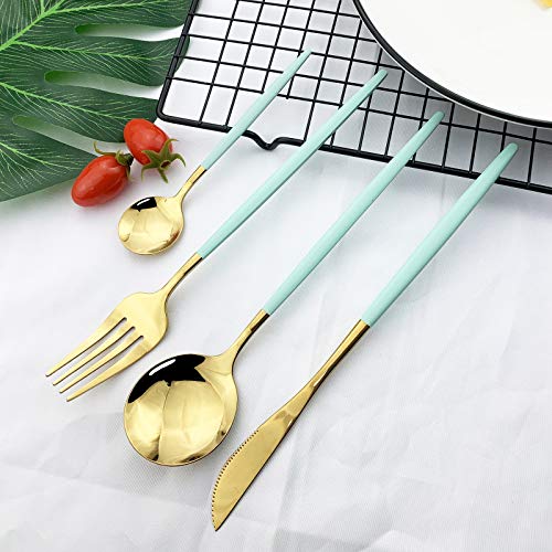 JASHII Flatware Serving Set 24 Piece, Stainless Steel Silverware Set, Mint Green Gold Cutlery, Modern Elegant Tableware for Party, Christmas, Dinner