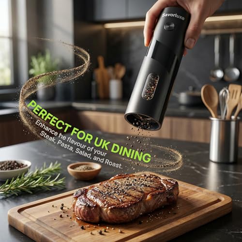 Electric Salt and Pepper Grinder Set 2 Pack, Top-Refill Battery Operated Pepper Mills with Storage Base, Adjustable Coarseness, 120ml per Grinder & White LED Light, Black