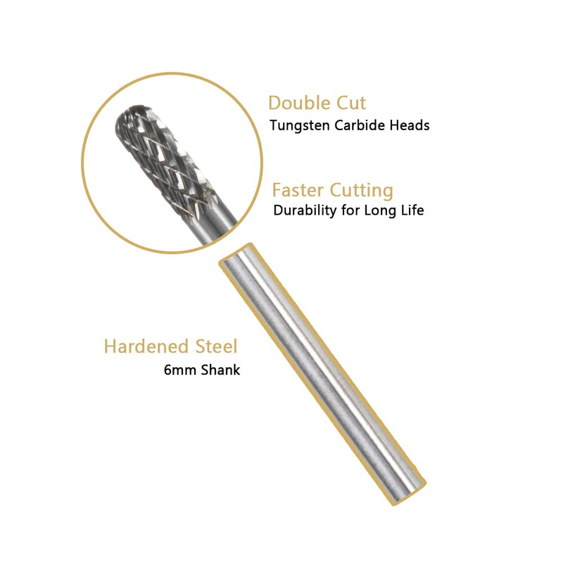 HIDOTOL Carbide Burr Set 10PC 1/4" Shank – 6mm Tungsten Double Cut Carbide Rotary Burr Set for Metal and Wood Carving, Grinding, Polishing, Engraving, Drilling. 10PC - 1/4 shank 6mm