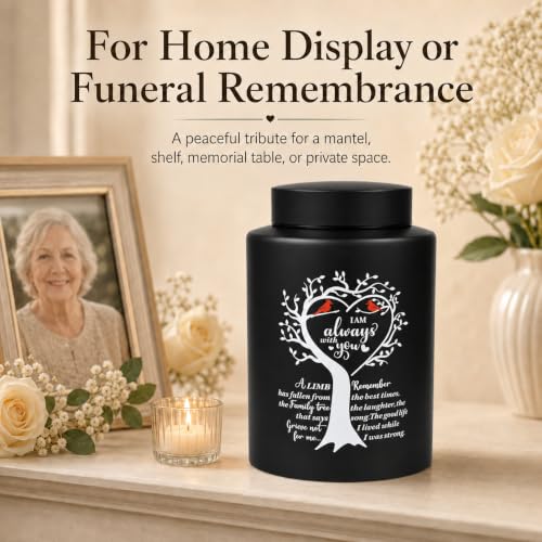 Up to 140 lbs Medium Urns for Human Ashes Adult Female Male, 7.3 Inch Cremation Urn for Human Ashes, Decorative Stainless Steel Funeral Memorial Sharing Urn with Two Cardinal Birds, Black