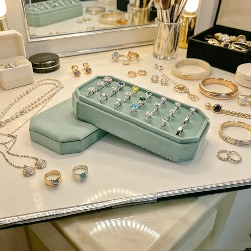 Velvet Ring Organizer Box - Ring Jewelry Box for Rings Earring, Jewelry Tray Rings holder Display Case for Girl Women (8.07"x4.13"x2.16") -PRB024-Mint Green Mint Green