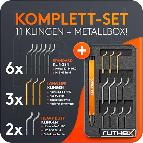 ruthex Deburring in Metal Box with 11 Blades for Plastic, Metal, Stainless Steel - Ideal for 3D Printing - Hand Deburring with Handle Storage Compartment - Additional Titanium Coated Deburring Blades for Drilling V2 deburring + 11 blades box