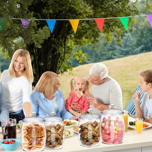 Six SENONAPO plastic cookie jars with lids, 42 oz capacity, clear design ideal for storing candies and baked treats.