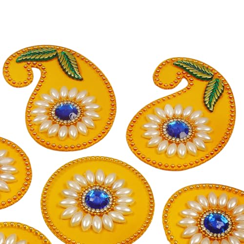 Yellow Paisley Acrylic Rangoli Set with Laxmi Charan Pagla – Traditional Handmade Rangoli Sticker for Home, Diwali, Wedding, Pooja & Housewarming Décor – 10 x 10 Inch