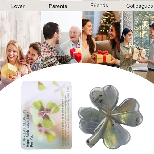 Labradorite 4 Leaf Clover Figurine for Luck Desk Decor Gift Light Grey