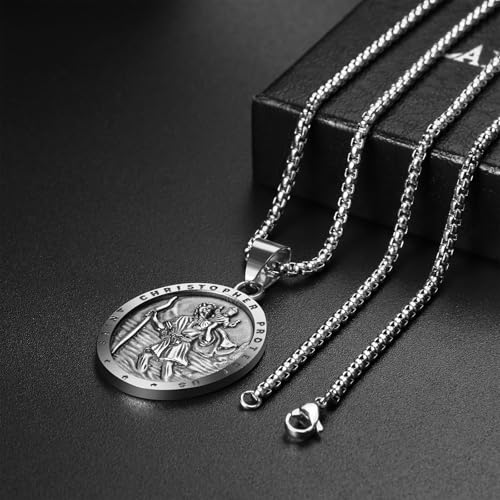 Flonge Men's Saint Christopher Necklace: Stainless Steel St Christopher Medal Necklace Religious Amulet Jewelry Gift For Men Silver