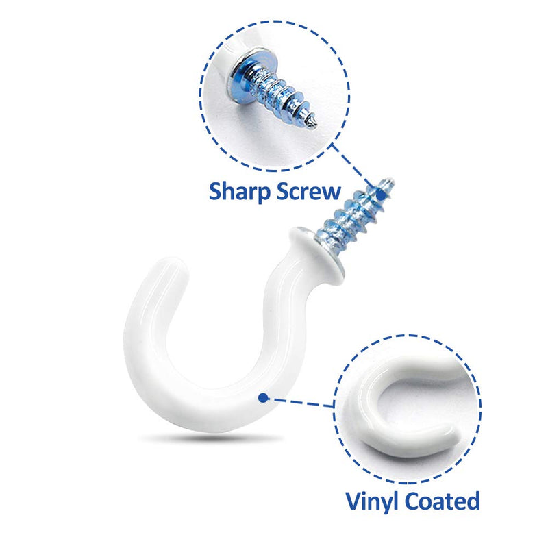 [Australia - AusPower] - 50Pcs 1/2-Inch Cup Hooks Ceiling Hooks, Plastic-Covered Metal Screw-in Hooks, White 1/2 Inch 