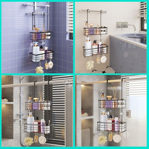 HapiRm Hanging Shower Caddy Organizer - No Drilling Shower Organizer with Hooks, Rustproof & Waterproof 304 Stainless Steel Bathroom Shelves - Black 2 Basket