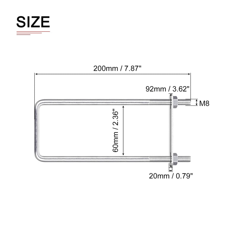 [Australia - AusPower] - M8x60x200mm(ThreadxWxL) Square U Bolt - 1Pack - Good for Trailer Pipe Replacement Parts - 304 Stainless Steel U Shape Bolts M8x60x200mm 