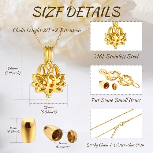 Urn Necklaces for Ashes Lotus Urn Pendant Necklace Cremation Jewelry for Ashes Stainless Steel Small Keepsake with Filling Kit Customizable Text Memory of Loved One - D3 D3: Gold