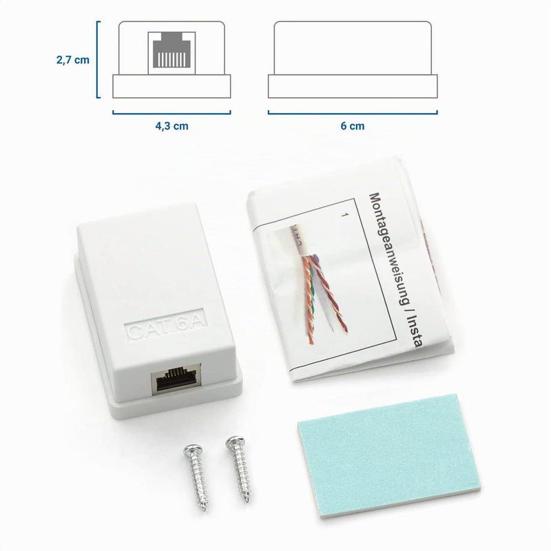 deleyCON CAT 6a Network Socket 1x RJ45 Socket FTP 10 Gbit, Pack of 5 - White | Shielded, surface-mounted mounting, Ethernet network LAN socket, RAL 9003 5 pieces