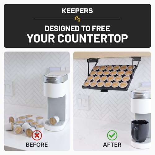 COFFEEKEEPERS KEEPERS Coffee Pod Holder — Holds 24 K-Cups, Under-Cabinet Swing-Down Design, 13x9.5x1in Steel Organizer for Small Kitchens & RV Black 24-Pod Keurig