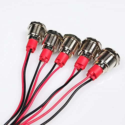 Gebildet 5pcs 12 mm AC/DC 12-24V LED Metal Indicator Light Waterproof Signal Lamp Pilot Dash Directional with Wire (Red) Red-ac/DC 12-24 V