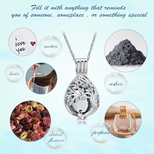 Tree of Life Urn Necklaces for Women Men Teardrop Cremation Jewelry for Ashes Keepsakes with Hollow Mini Ashes Urn Pendant Memorial Necklaces Jewelry Silver