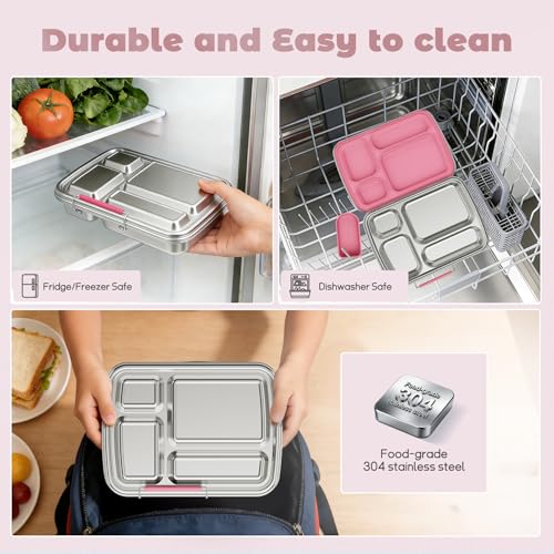 Stainless Steel Bento Box for Kids, Kids Lunch Box with 4-Compartment, Metal Lunch Box with Silicone Container & Sauce Cup, Durable Lunch Box Containers for School and Office (Pink) Pink