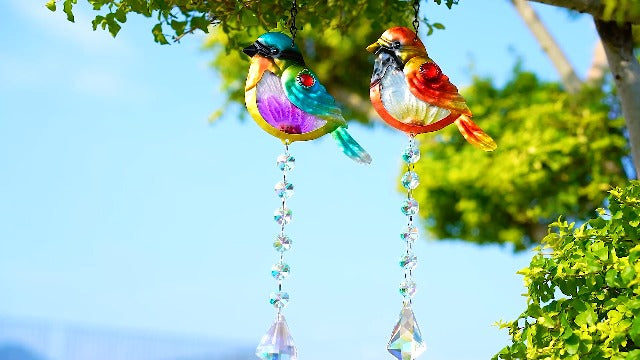 Stained Glass Bird Suncatchers with Crystal Prisms, Rainbow Light Effect Window Hanging Ornament for Christmas Tree, 21.2 Inch Length, Set of 2