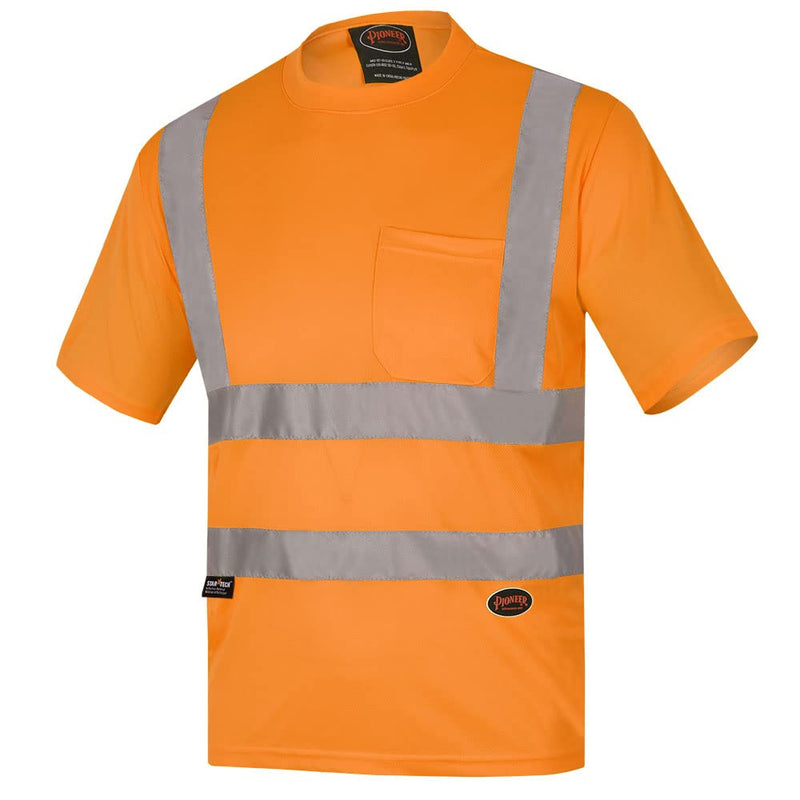 Pioneer Hi Vis Safety T Shirt for Men - Short Sleeve with Pocket- Reflective Tape for ANSI Class 2 Work - High-Visibility T-Shirt – Dry Wick, Lightweight Tee – Orange or Yellow/Green XX-Large