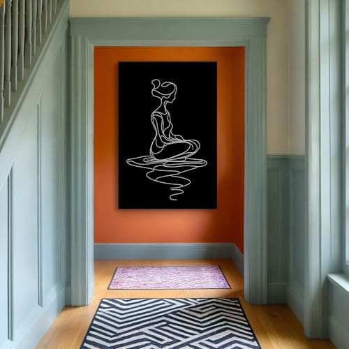 CCCHCY Minimalist Black and White Line Canvas Wall Art, Abstract Modern Zen Art Print, Meditating Woman Wall Decor, Serene Yoga Pose Artwork, Spiritual Home Décor for Living Bedroom, 16" x 24" Line Girl Wrapped Canvas 24"L x 16"W