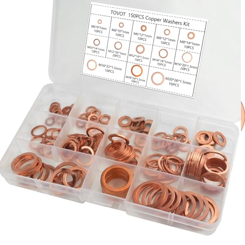 TOVOT copper flat washers assortment set with 8 sizes, M5 to M20, organized in storage case