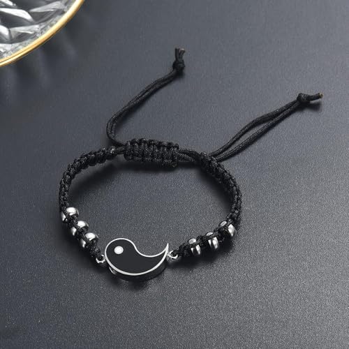 Hearbeingt Taiji Bagua Cremation Jewelry Yin Yang Urn Bracelet for Ashes Braided-Black+Silver
