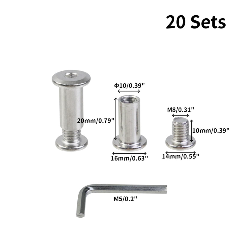 [Australia - AusPower] - 20 Sets M8×10mm Binding Post Screw Silver ?10×20mm Chicago Screws Furniture Joint Screw Rivets for Furniture, Chairs, Beds M8×10mm, ?10×20mm 