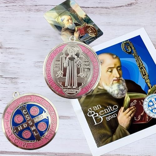 Bovemee 2PCS ST BENEDICT CROSS MEDAL 3 INCH VINTAGE BRASS TONE FINISH FOR WALL OR DESK DISPLAY/MEDALLA DE SAN BENITO (Pink) Pink