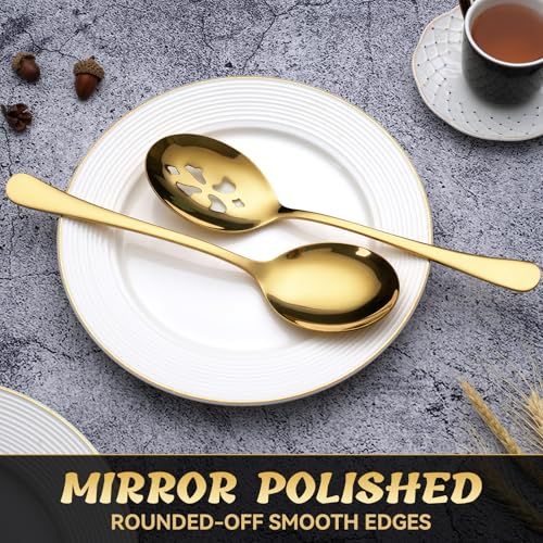 Set of 10-inch KEYOXY gold serving spoons, including 3 large and 3 slotted spoons, perfect for serving and entertaining.