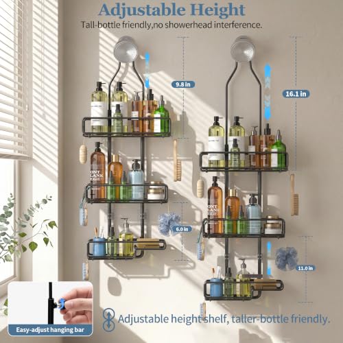 Skyapex Shower Caddy Hanging Bathroom Organizer: Over Head Adjustable Rack for Tall Showerhead - Extra Large Storage Shelf for Big Shampoo Bottles with Soap Holder Black